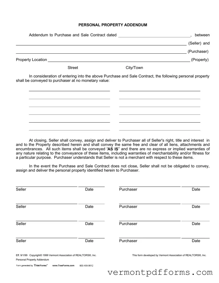 Free Purchase Addendum Vermont Form