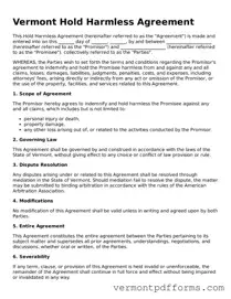 Legal  Hold Harmless Agreement Document for Vermont