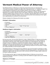 Legal  Medical Power of Attorney Document for Vermont