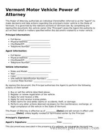 Legal  Motor Vehicle Power of Attorney Document for Vermont
