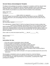 Legal  Notary Acknowledgement Document for Vermont