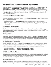 Legal  Real Estate Purchase Agreement Document for Vermont