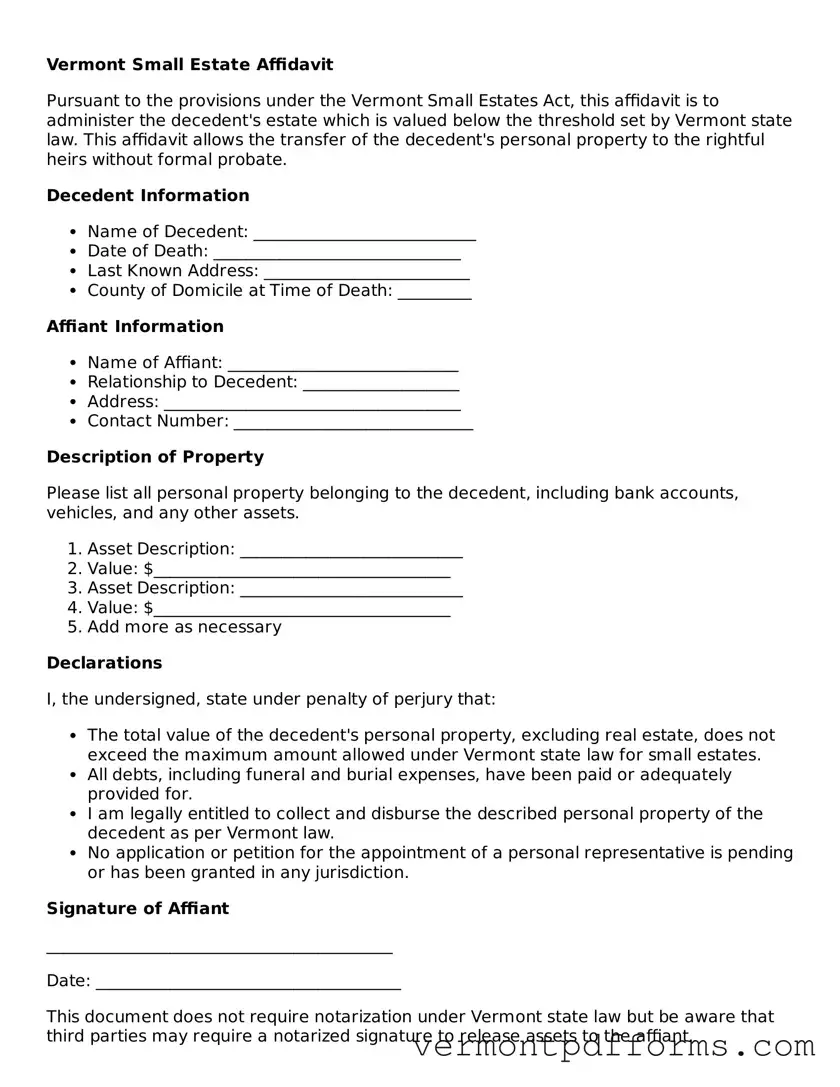 Legal  Small Estate Affidavit Document for Vermont
