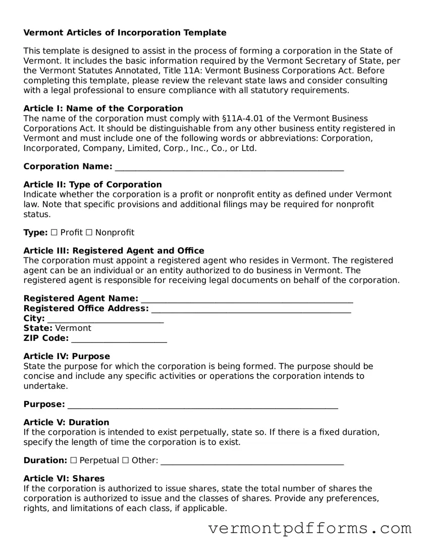 Legal  Articles of Incorporation Document for Vermont