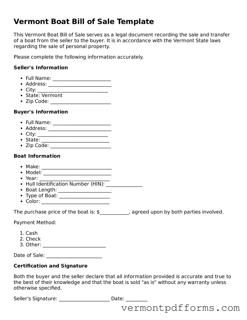 Legal  Boat Bill of Sale Document for Vermont