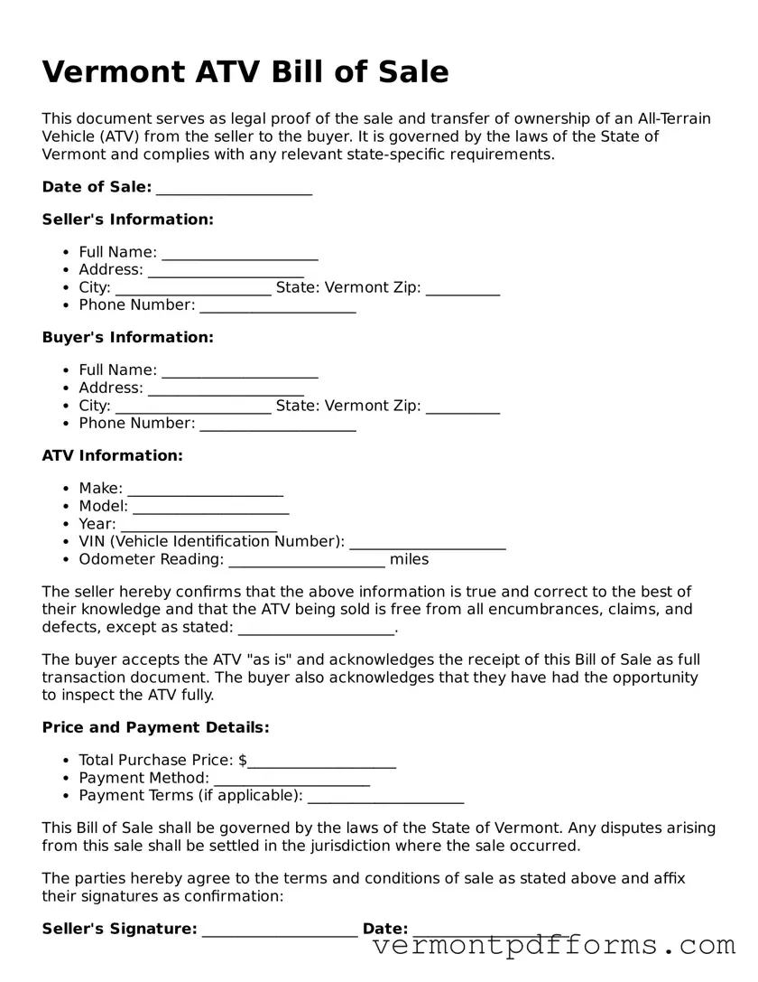 Legal  ATV Bill of Sale Document for Vermont