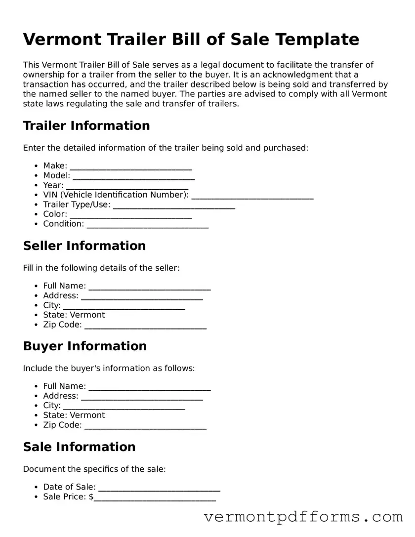 Legal  Trailer Bill of Sale Document for Vermont