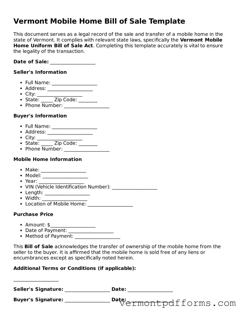 Legal  Mobile Home Bill of Sale Document for Vermont