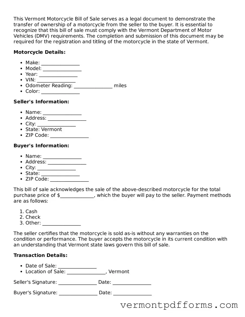 Legal  Motorcycle Bill of Sale Document for Vermont