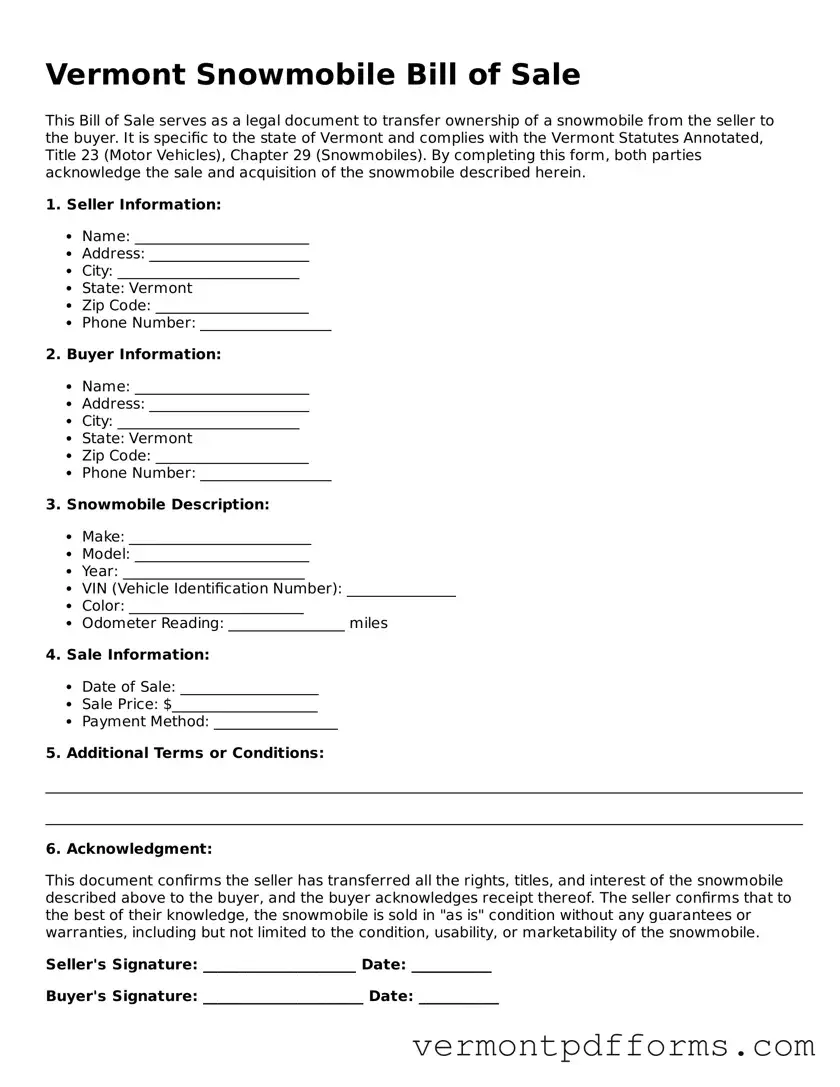 Legal  Snowmobile Bill of Sale Document for Vermont