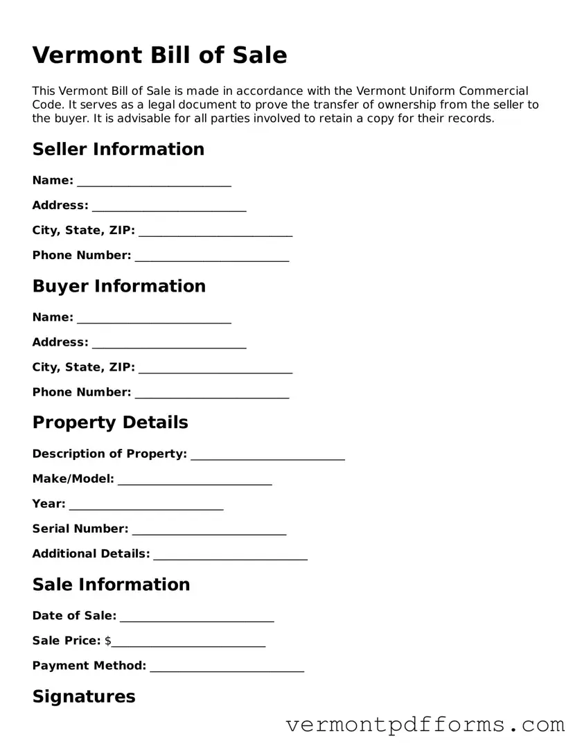 Legal  Bill of Sale Document for Vermont