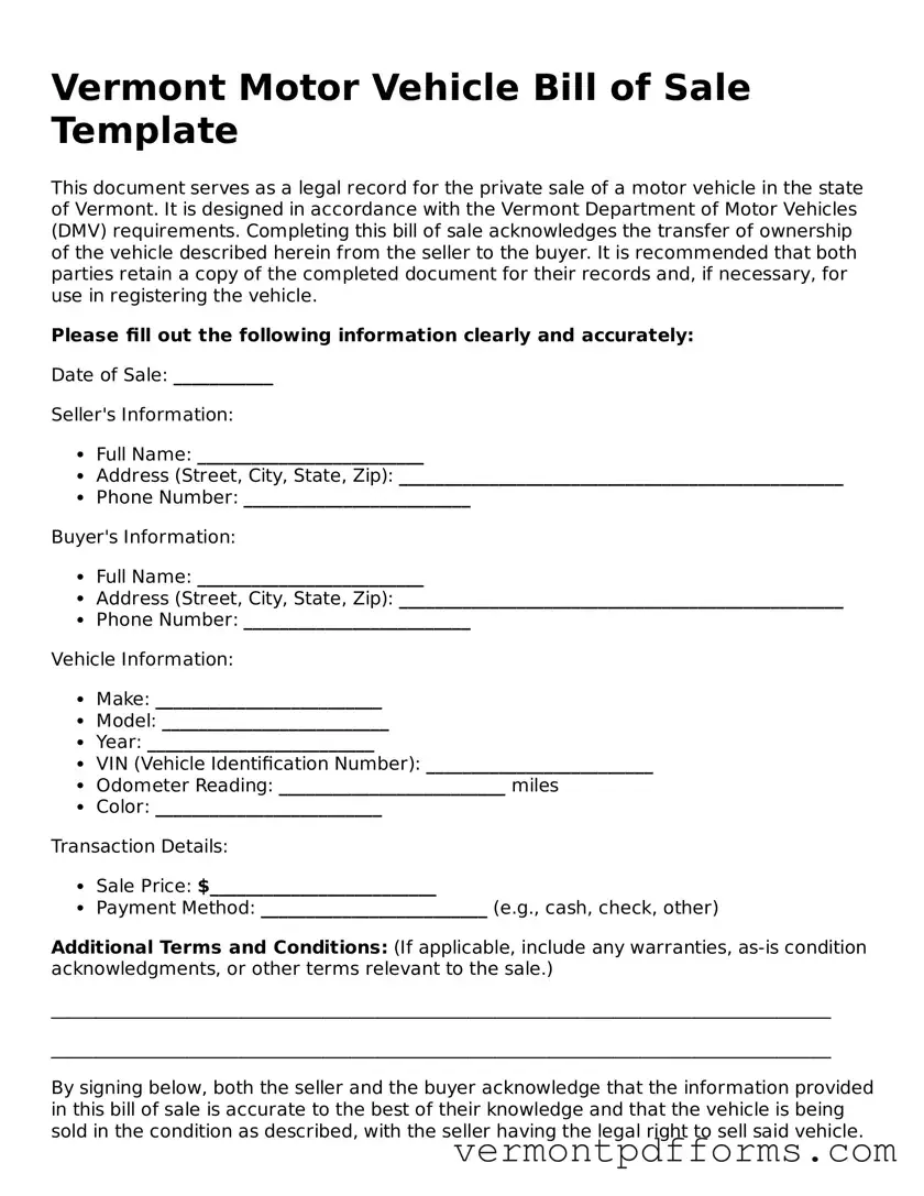 Legal  Motor Vehicle Bill of Sale Document for Vermont