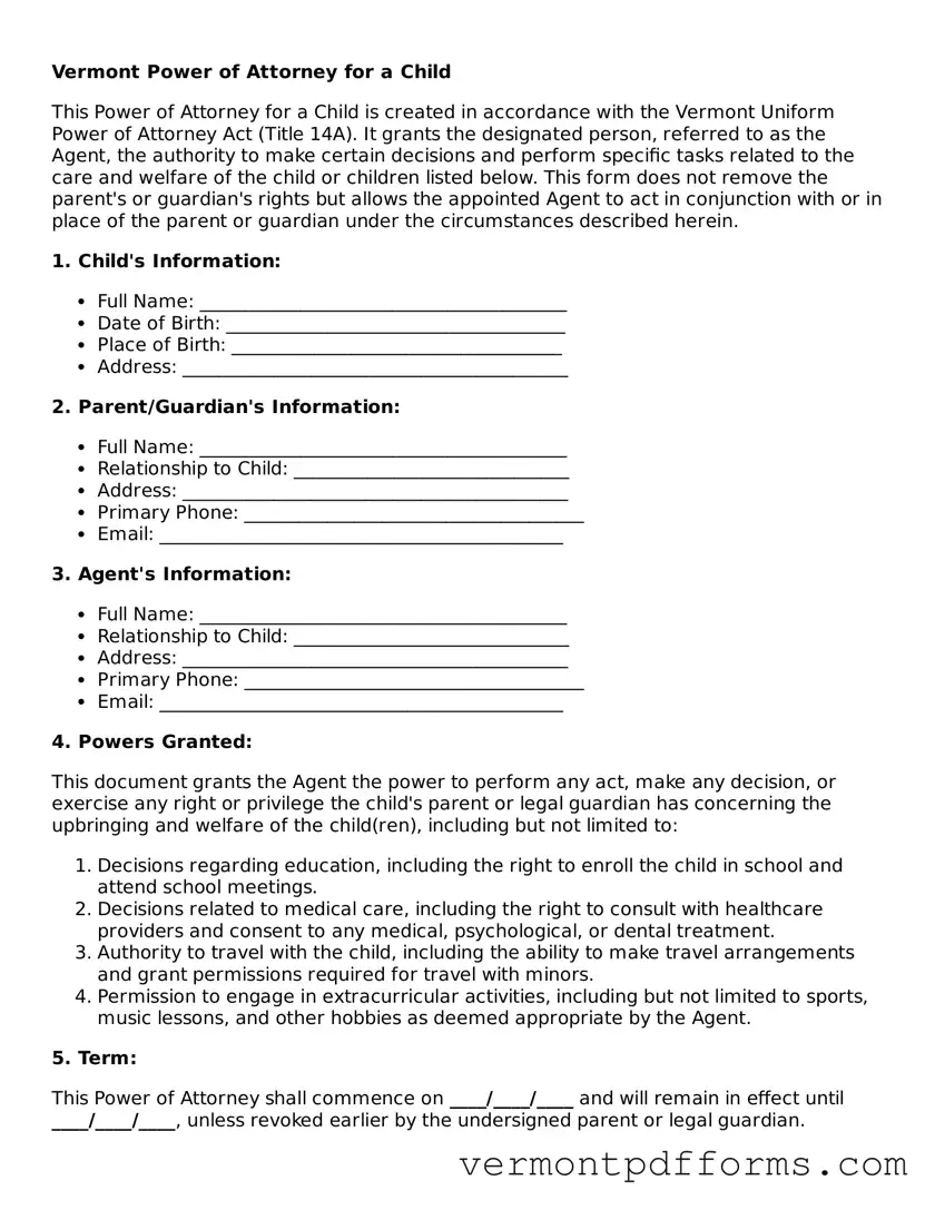 Legal  Power of Attorney for a Child Document for Vermont
