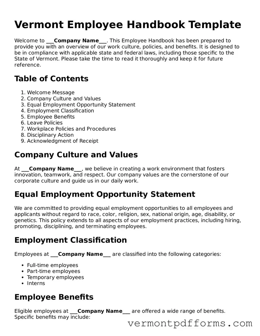 Legal  Employee Handbook Document for Vermont