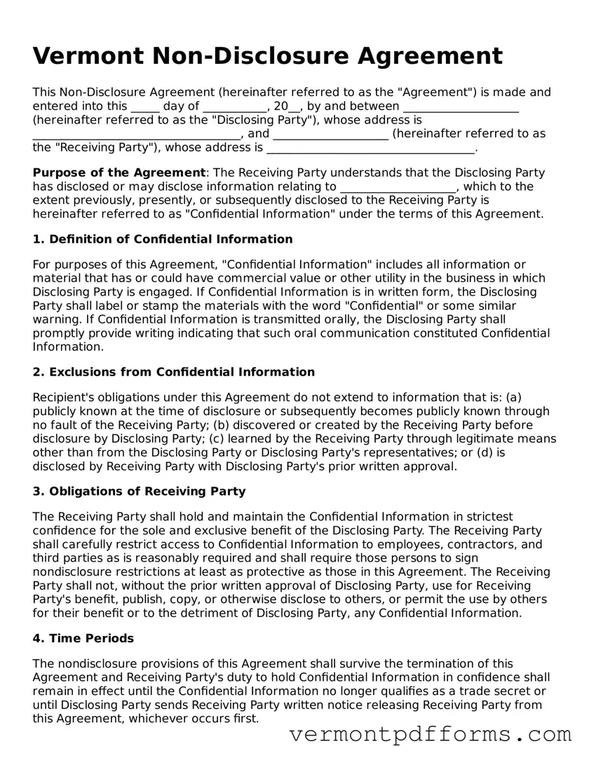 Legal  Non-disclosure Agreement Document for Vermont