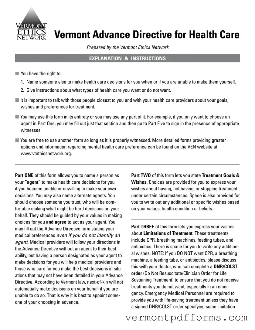 Free Vermont Directive Health Care Form