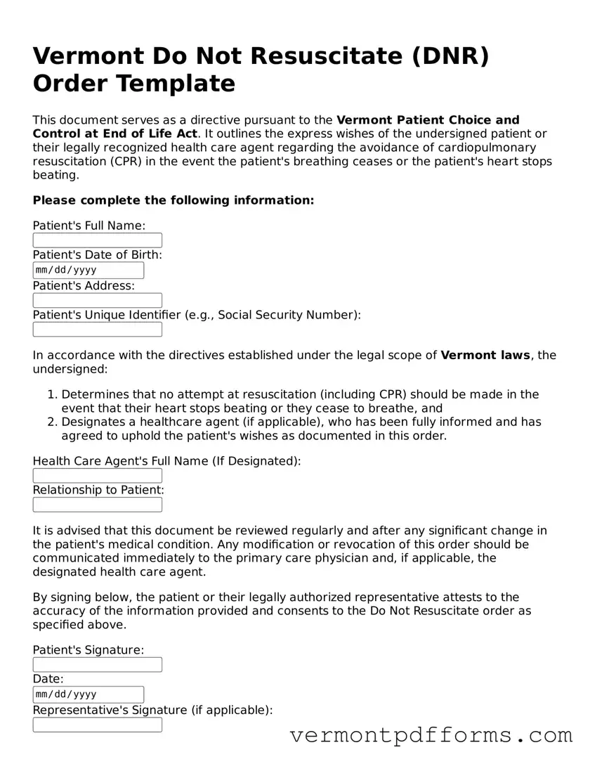 Legal  Do Not Resuscitate Order Document for Vermont
