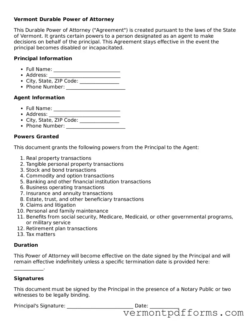 Legal  Durable Power of Attorney Document for Vermont