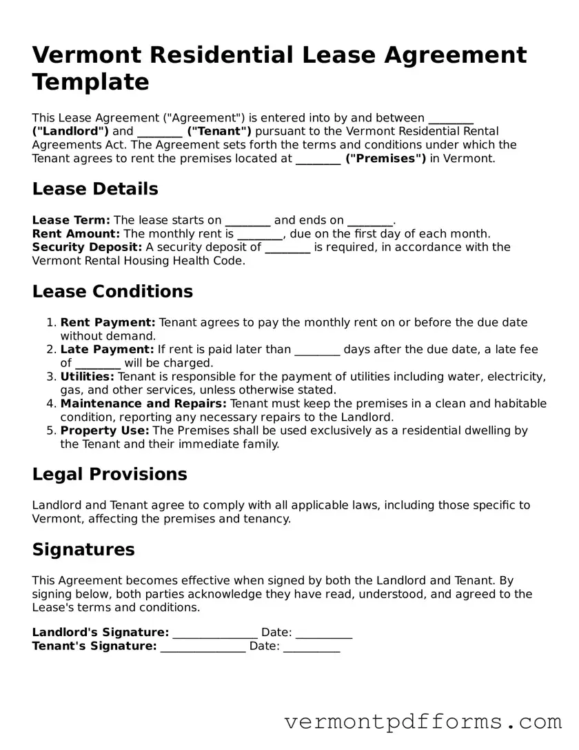 Legal  Residential Lease Agreement Document for Vermont