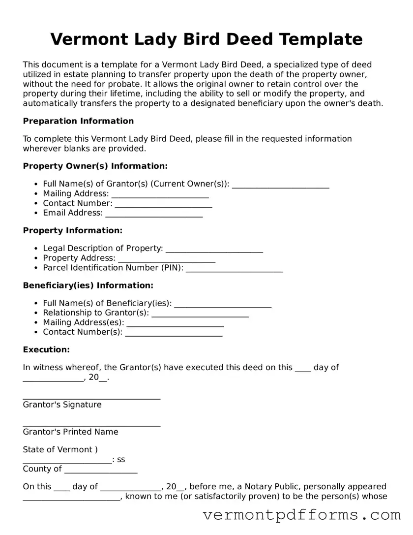 Legal  Lady Bird Deed Document for Vermont