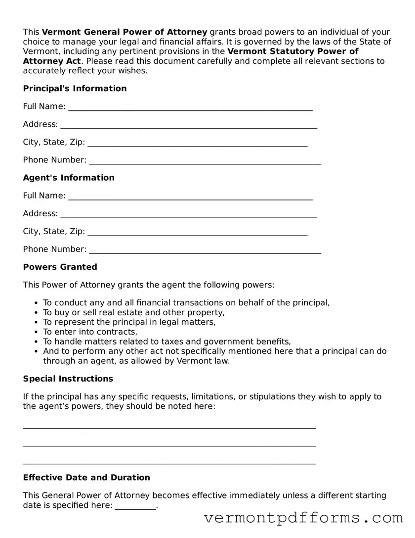 Legal  General Power of Attorney Document for Vermont