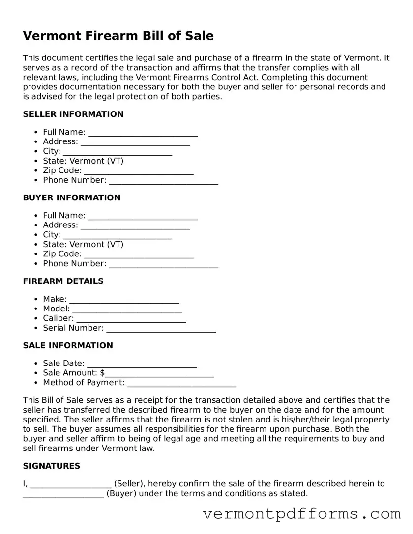 Legal  Firearm Bill of Sale Document for Vermont