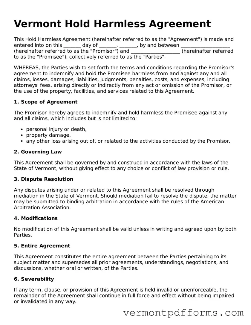 Legal  Hold Harmless Agreement Document for Vermont