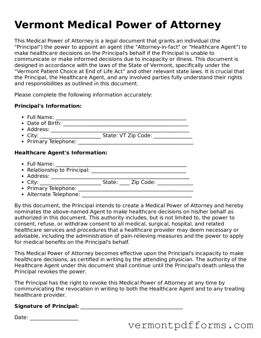 Legal  Medical Power of Attorney Document for Vermont