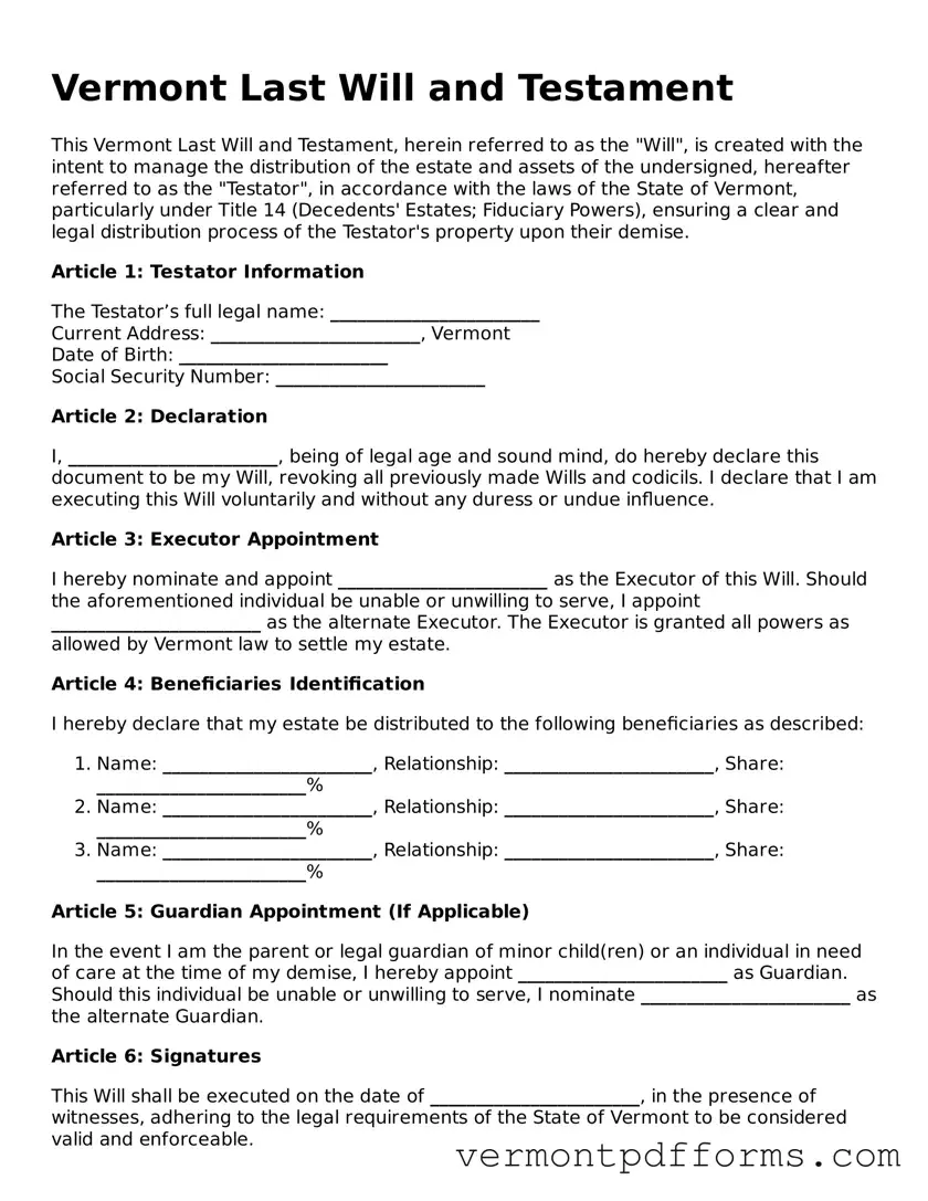 Legal  Last Will and Testament Document for Vermont