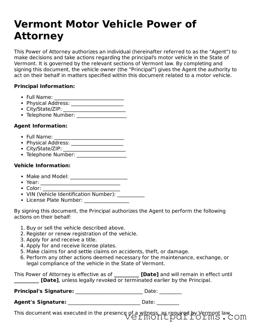 Legal  Motor Vehicle Power of Attorney Document for Vermont