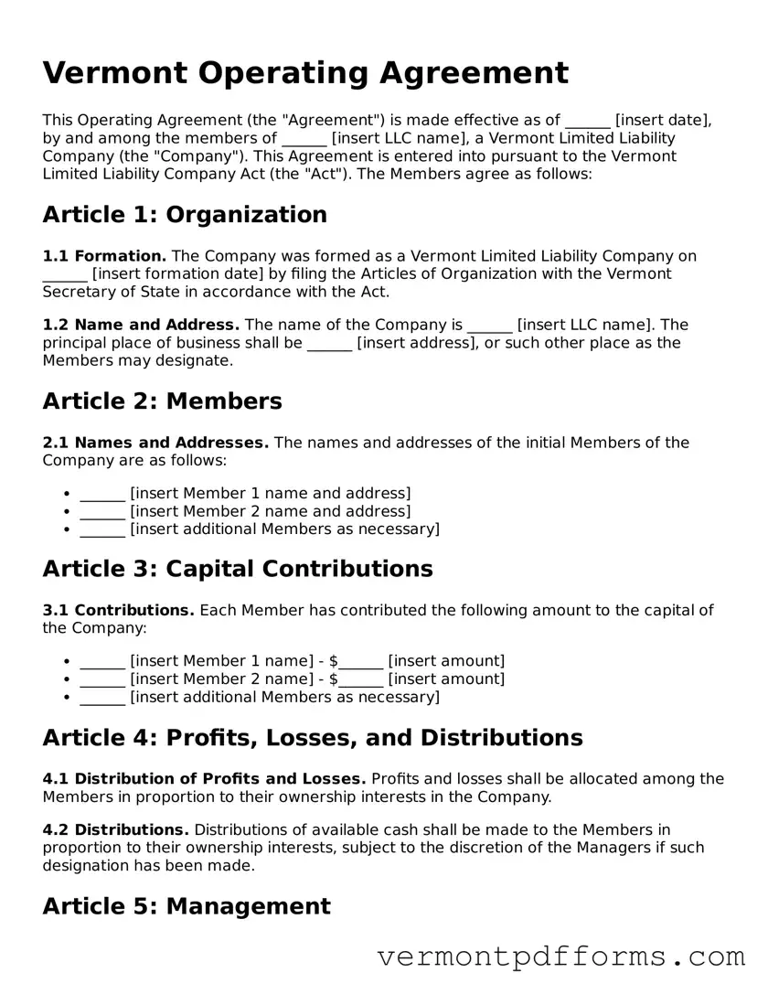 Legal  Operating Agreement Document for Vermont