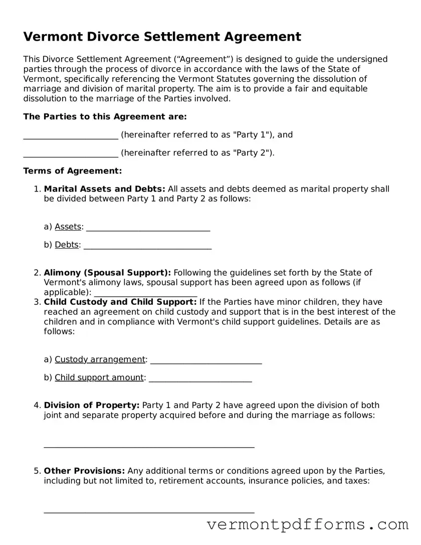 Legal  Divorce Settlement Agreement Document for Vermont