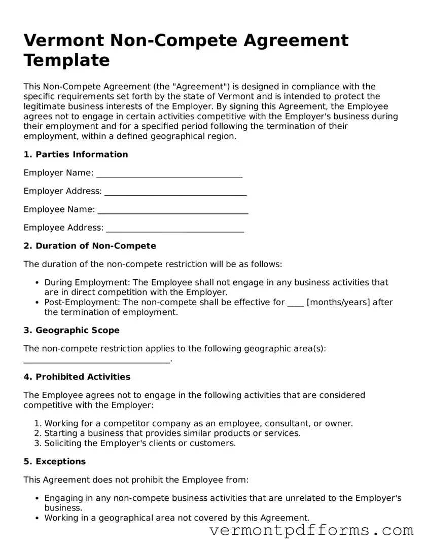 Legal  Non-compete Agreement Document for Vermont