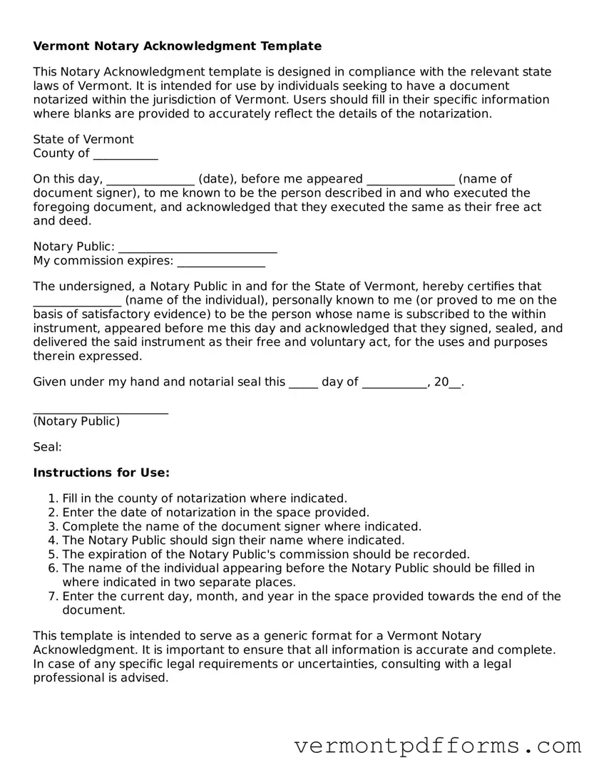 Legal  Notary Acknowledgement Document for Vermont