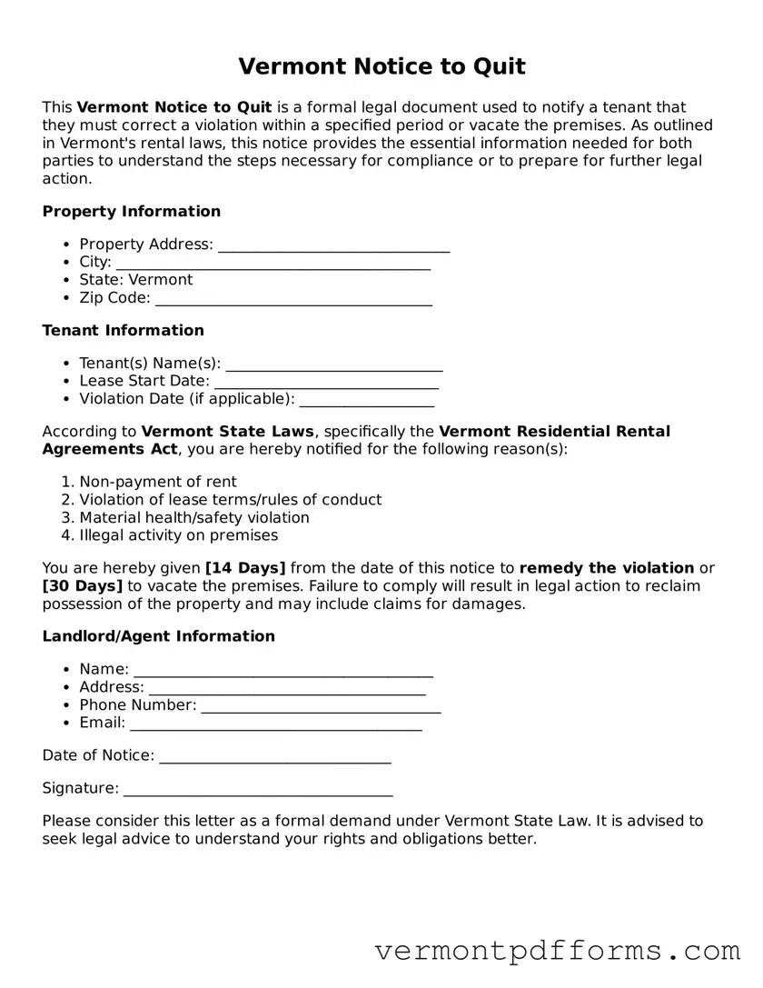 Legal  Notice to Quit Document for Vermont