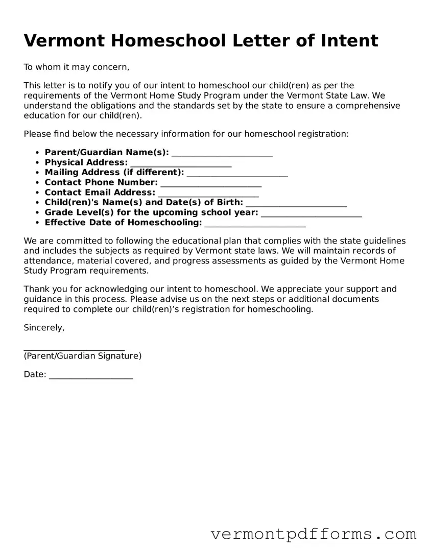 Legal  Homeschool Letter of Intent Document for Vermont
