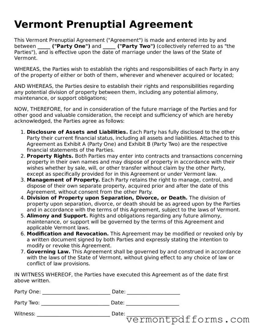 Legal  Prenuptial Agreement Document for Vermont