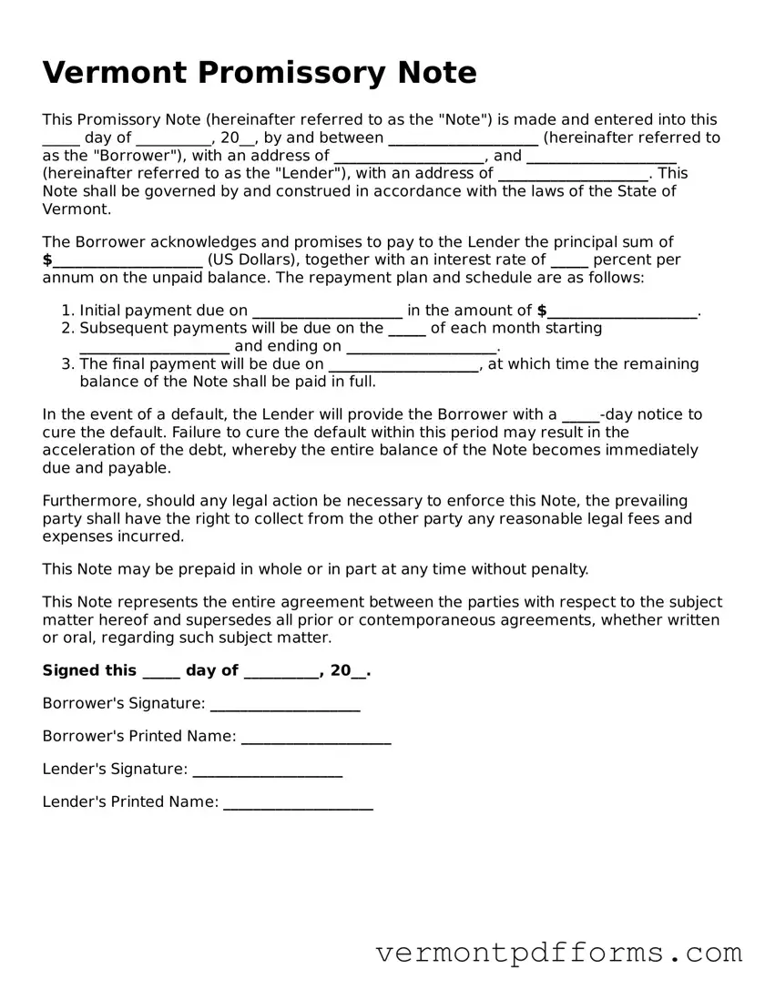 Legal  Promissory Note Document for Vermont