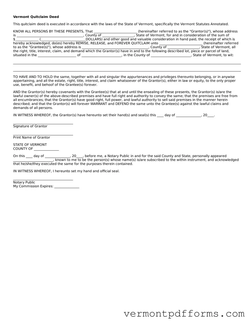Legal  Quitclaim Deed Document for Vermont