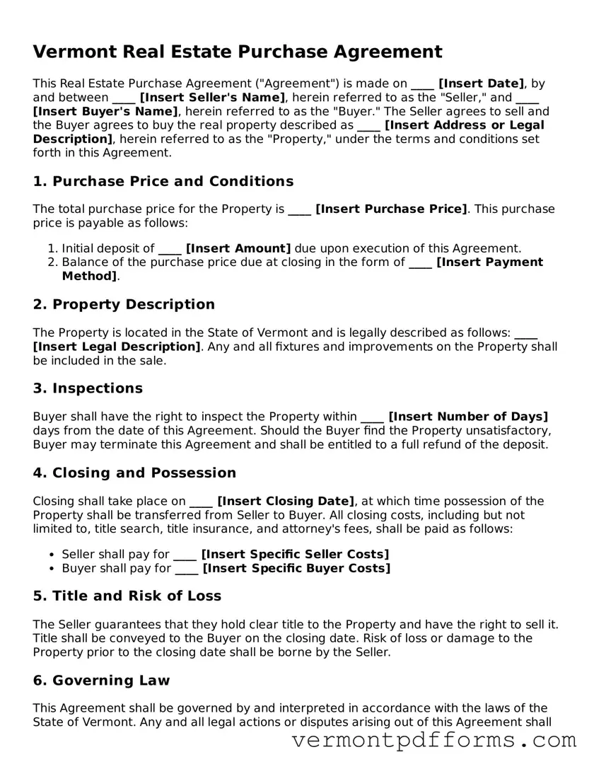 Legal  Real Estate Purchase Agreement Document for Vermont