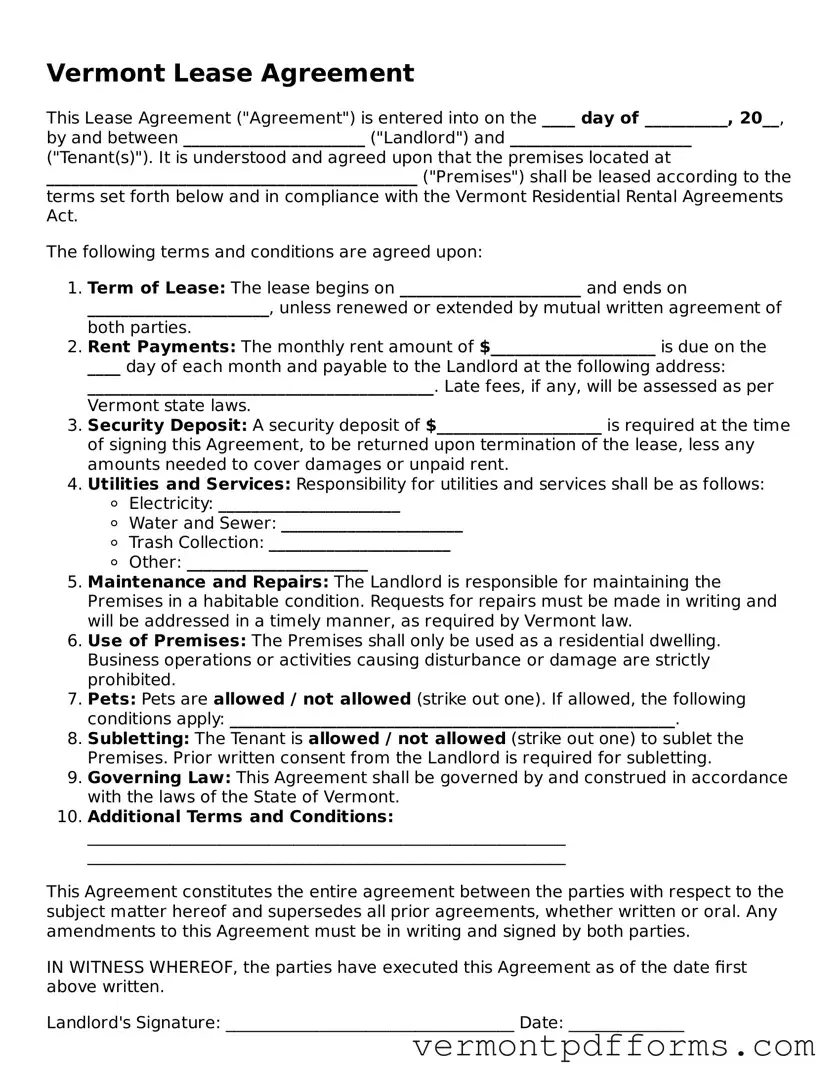 Legal  Lease Agreement Document for Vermont
