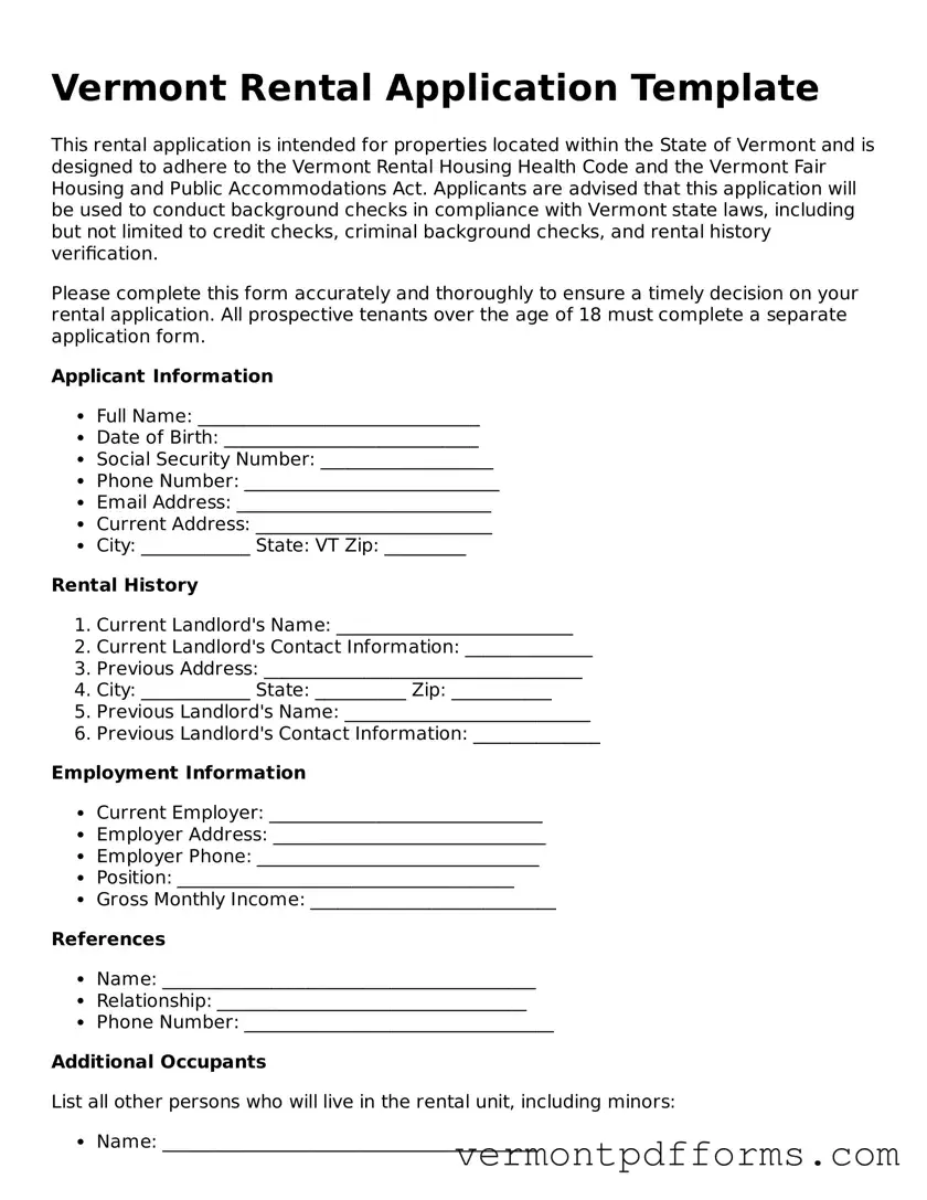 Legal  Rental Application Document for Vermont