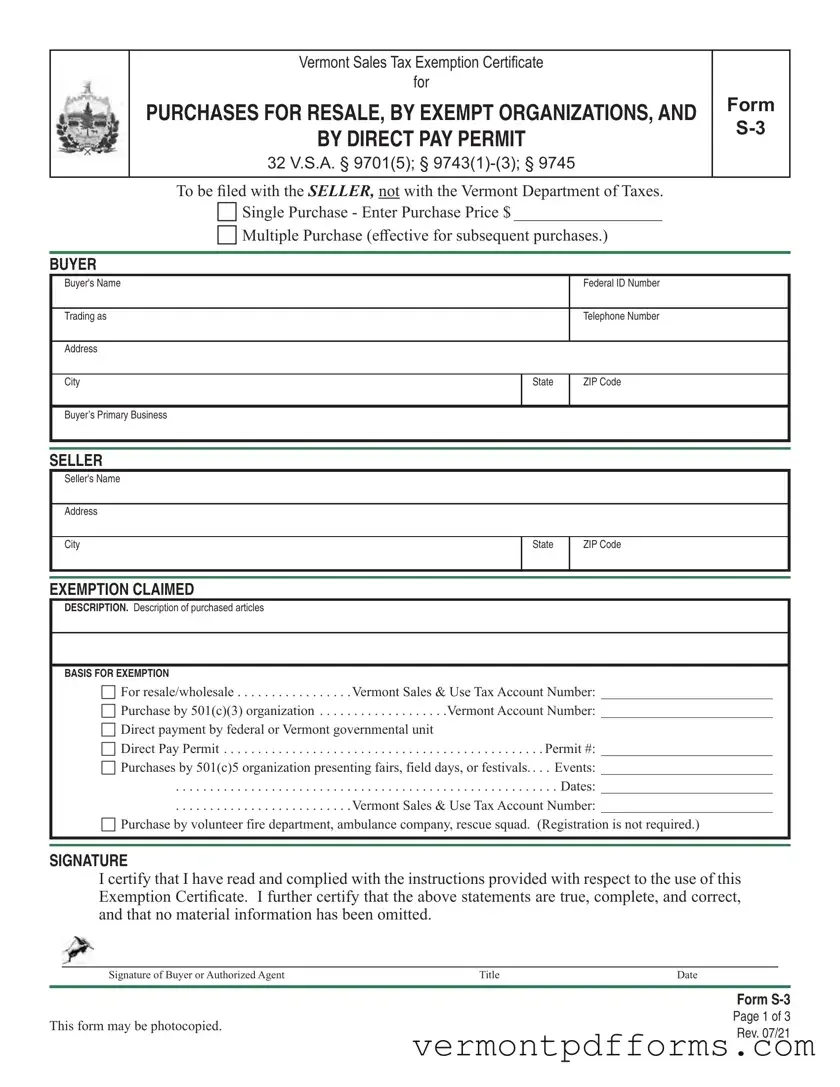 Free Vermont S 3 Form