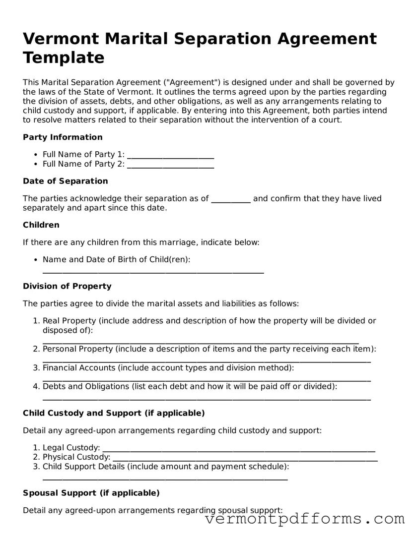 Legal  Marital Separation Agreement Document for Vermont